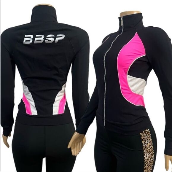 BBSP Bebe Sport Colorblock logo long sleeve Full zip Sports Jacket Black Pink XS - Picture 2 of 8
